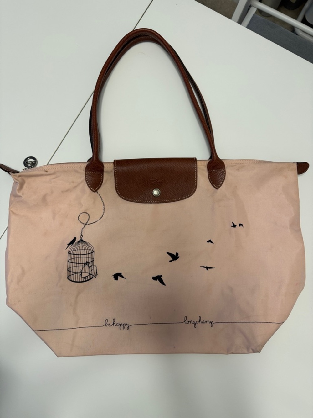 Longchamp Pink Tote with Brown Leather Trim and Bird Motif
